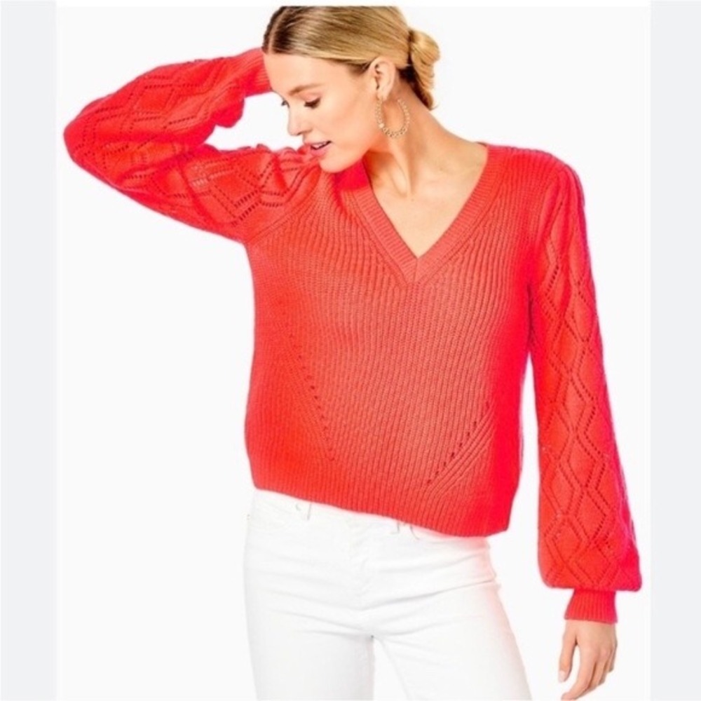 Lilly Pulitzer Luletta V-Neck Sweater Spicy Coral Pointelle Diamond Sleeve L‎